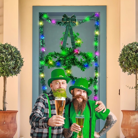Ghirlanda di Tinsel Verde per San Patrizio Con Luci LED e Motivo a Trifoglio Decorazione Appesa per Festa Irlandese Casa