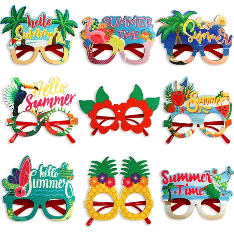 Occhiali da Festa Hawaiani Tema Estivo Tropicale Ananas Albero di Cocco Fenicottero Puntelli Foto Plastica Feltro Glitter