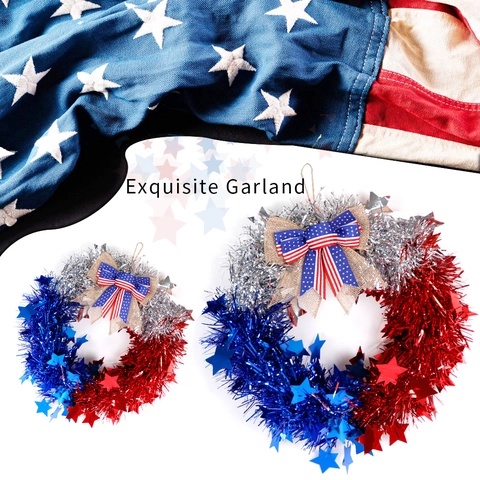 Ghirlanda Patriottica per il Giorno dell'Indipendenza Rosso Argento Blu Tinsel Con Stelle e Fiocco di Canapa per Decorazione