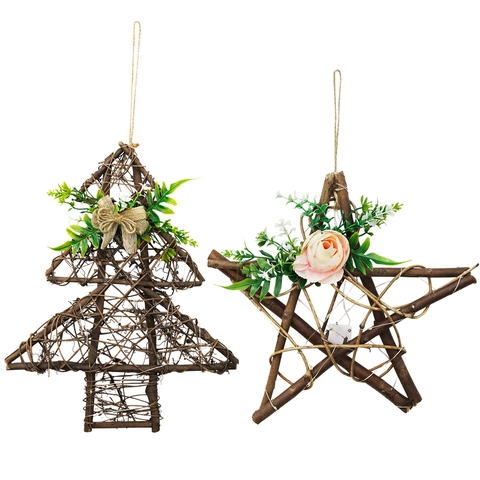 Pendente in Legno Natalizio Rustico con LED a Forma di Stella e Albero di Natale Decorazione Sospesa per Festa in Fattoria