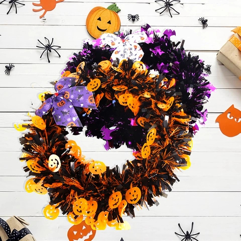 Halloween Ghirlanda Decorazione da Appendere Nastro di Lametta Fiocco Ornamento per Porta Fantasma Zucca Pipistrello Design Plastica Ghirlanda Casa Festa Decorazione