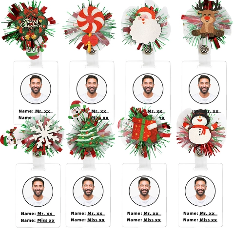 Retractable Christmas Badge Reel Glitter Santa Snowman Reindeer ID Card Holder Swivel Clip For Nurses Office Holiday Decor