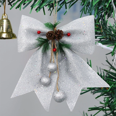 Grande Decorazione Natalizia a Fiocco Con Pigna Naturale Cotone Espanso Glitterato Ornamento da Appendere per Albero Festa Casa