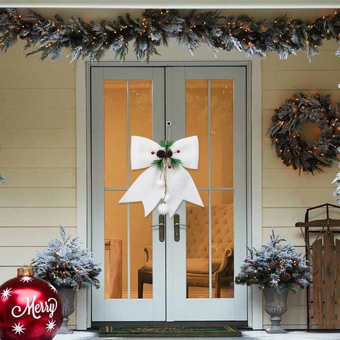 Grande Decorazione Natalizia a Fiocco Con Pigna Naturale Cotone Espanso Glitterato Ornamento da Appendere per Albero Festa Casa