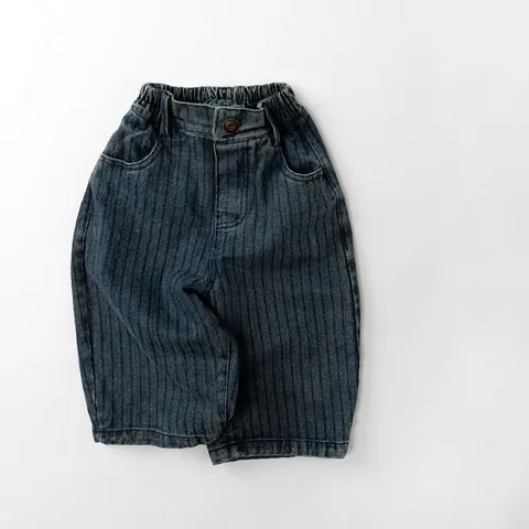 Pantaloni in Denim a Righe per Bambini Jeans Casual a Gamba Dritta Larghi Con Vita Elastica Pantaloni in Cotone Lavato