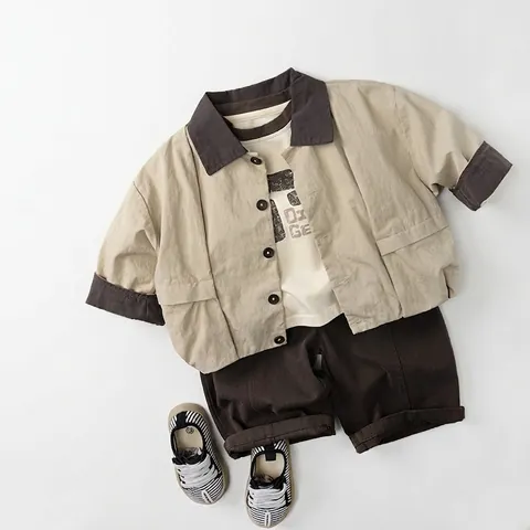Kinder Katoen Lentejas Koreaanse Stijl Contrast Kraag Patchwork Mantel Retro Casual Knoopsluiting Bovenkleding Voor Jongens Meisjes