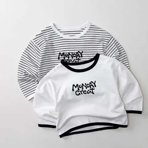 Maglietta a Maniche Lunghe a Righe in Cotone per Bambini Stile Giapponese Girocollo Stampa a Lettere Top per Ragazzi Ragazze Abbigliamento Autunnale Casual