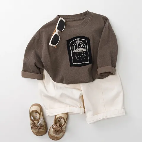 Korean Style Kids Cotton T-Shirt Long Sleeve Crew Neck Artistic Printed Top For Boys Girls Casual Comfortable Children Clothing