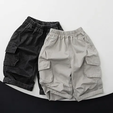 Kids Casual Cotton Cargo Pants Solid Color Elastic Waist Multi Pocket Trousers For Boys Girls Spring Autumn Clothing