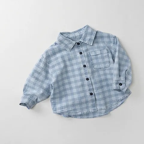 Camisa de Mezclilla a Cuadros para Niños Niñas Estilo Coreano Algodón Gingham Manga Larga Top Suave Casual Solapa Botón