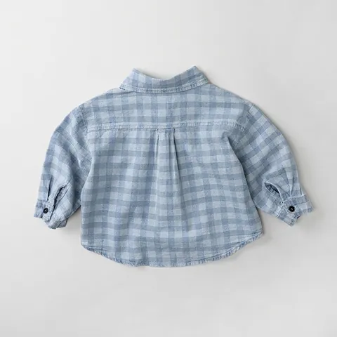 Camisa de Mezclilla a Cuadros para Niños Niñas Estilo Coreano Algodón Gingham Manga Larga Top Suave Casual Solapa Botón