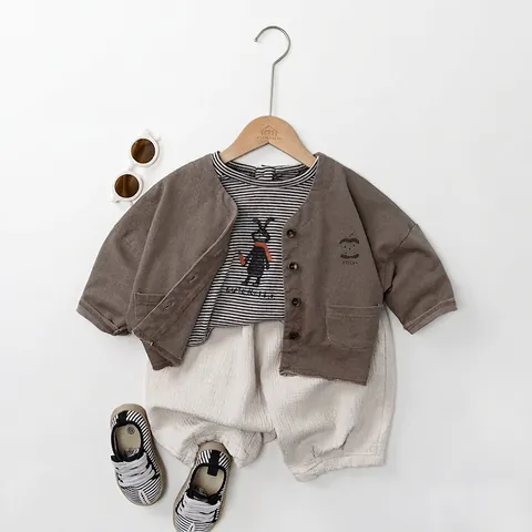Maglietta a Maniche Lunghe a Righe per Bambini in Cotone con Stampa Coniglio Fumetto Girocollo Top Casual