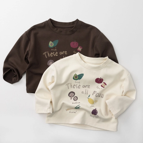 T-Shirt à Manches Longues en Coton pour Enfants Style Coréen Imprimé Fruits Légumes Col Rond Pull Décontracté pour Garçons Filles