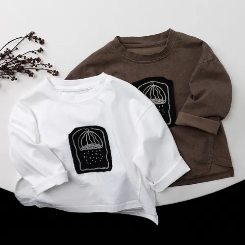 Korean Style Kids Cotton T-Shirt Long Sleeve Crew Neck Artistic Printed Top For Boys Girls Casual Comfortable Children Clothing
