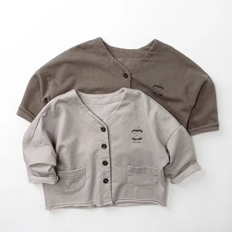 Children Knit Cotton Cardigan V-Neck Long Sleeve Sweater With Apple Embroidery For Boys Girls Spring Autumn Casual Jacket