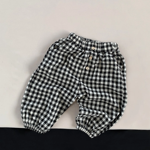 Kleinkinder Mädchen Casual Baumwolle Gingham Cropped Hose Koreanischer Stil Lockerer Weites Bein 7-Punkt Hose Mit Holzknöpfen Kinder Sommer Kleidung