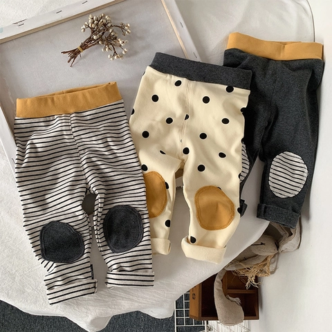 Kleinkind Mädchen Baumwolle Elasthan Leggings Koreanisch Lässig Gepunktet Gestreift Strickhose Mit Knie-Patch Frühling Herbst Babyhose