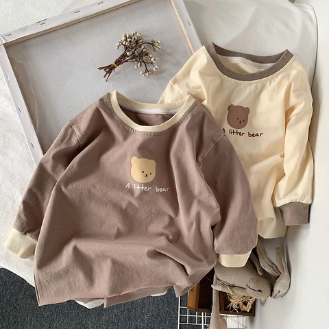 Kleinkind Mädchen Langarm Baumwolle T-Shirt Cartoon Bär Druck Rundhals Top Lässig Mittellang Frühling Herbst Kleidung