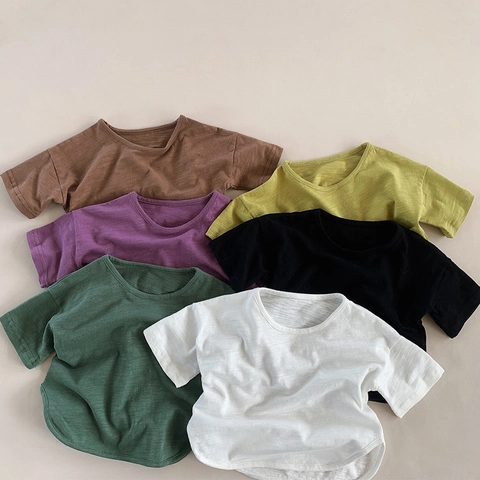 Παιδικό Μονόχρωμο T-Shirt από Βαμβάκι Slub Κοντό Μανίκι Καλοκαιρινό Στρογγυλή Λαιμόκοψη Unisex Casual Μινιμαλιστικό Μαλακό Αναπνεύσιμο Τοπ για Αγόρια Κορίτσια