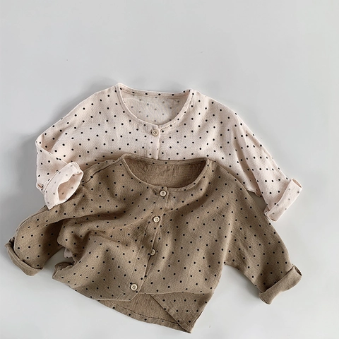 Chemise en Coton à Pois pour Fille Col Rond Respirant Manches Longues Chemisier Décontracté Style Coréen Top Enfant Printemps Été