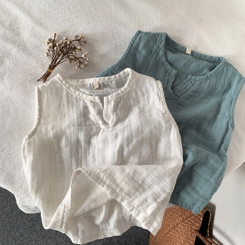 Kinder Baumwolle Gaze Ärmellos Weste V-Ausschnitt Atmungsaktiv Sommer Casual Top Jungen Mädchen Weiß Hellblau Weste