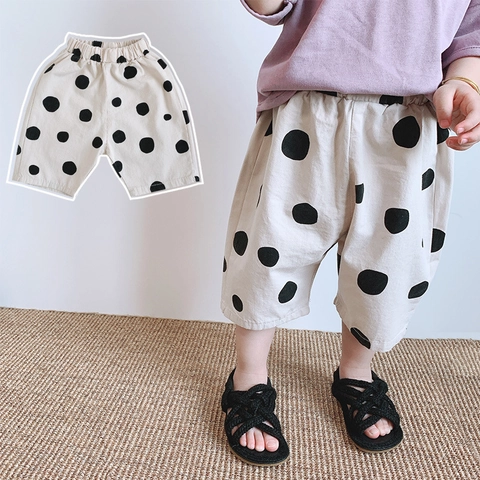Pantaloni a Pois in Cotone Estivi per Bambini Stile Coreano Ampi Traspiranti Pantaloni a Tre Quarti per Bambini Piccoli Maschi Femmine Casual