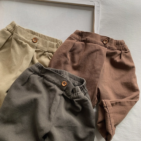 Unisex Kids Casual Cotton Trousers Loose Elastic Waist Pants With Wooden Button Solid Color Autumn Winter Children Clothing