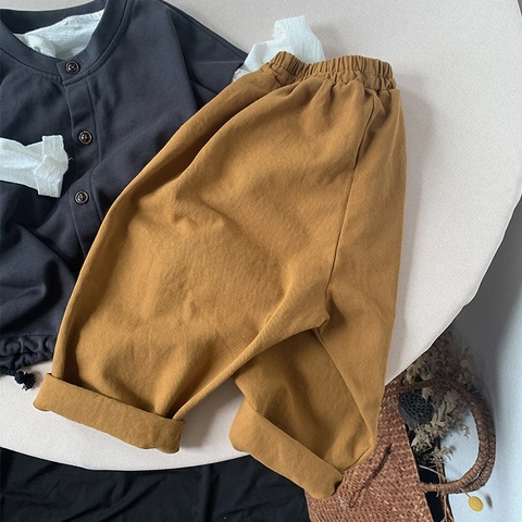 Pantalones Informales de Algodón para Niños Estilo Japonés Coreano Pantalones Sueltos para Niños Niñas Cintura Elástica Color Sólido