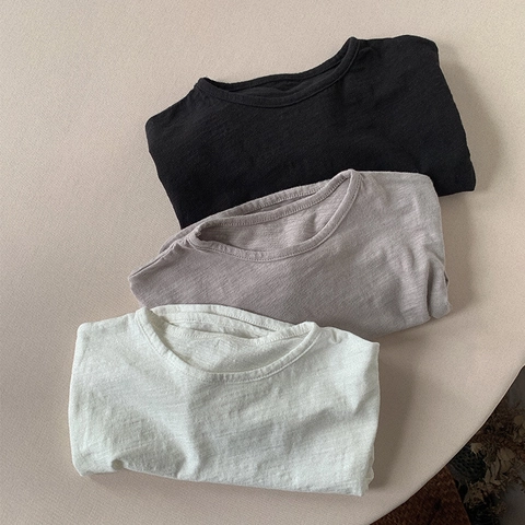 Μινιμαλιστικό Παιδικό Μακρυμάνικο T-Shirt Από Βαμβάκι Slub Στρογγυλή Λαιμόκοψη Μονόχρωμο Αναπνεύσιμο Τοπ Με Στρογγυλεμένο Στρίφωμα Για Αγόρια Κορίτσια