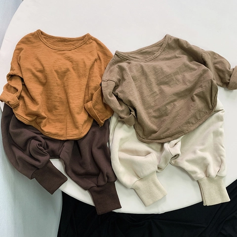 Παιδικό Μακρυμάνικο T-Shirt από Βαμβάκι Slub Μαλακό Αναπνεύσιμο Μονόχρωμο Στρογγυλή Λαιμόκοψη για Μωρά Αγόρια Κορίτσια