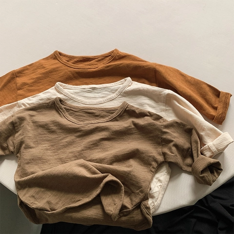 Παιδικό Μακρυμάνικο T-Shirt από Βαμβάκι Slub Μαλακό Αναπνεύσιμο Μονόχρωμο Στρογγυλή Λαιμόκοψη για Μωρά Αγόρια Κορίτσια