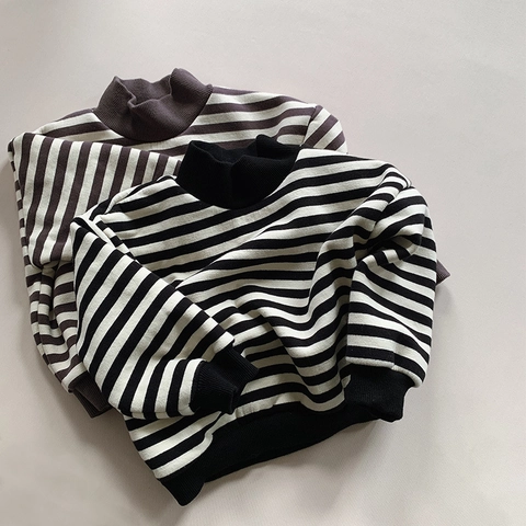 Felpa a Righe per Bambini in Pile Cotone Caldo Pullover Collo a Lupetto Autunno Inverno Ragazzi Ragazze Polsini a Costine Top Casuale a Manica Lunga