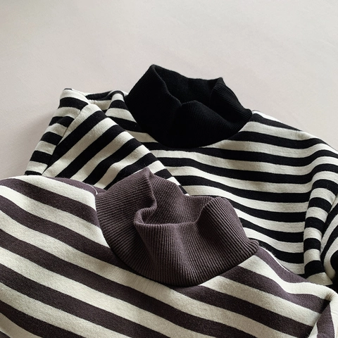 Felpa a Righe per Bambini in Pile Cotone Caldo Pullover Collo a Lupetto Autunno Inverno Ragazzi Ragazze Polsini a Costine Top Casuale a Manica Lunga