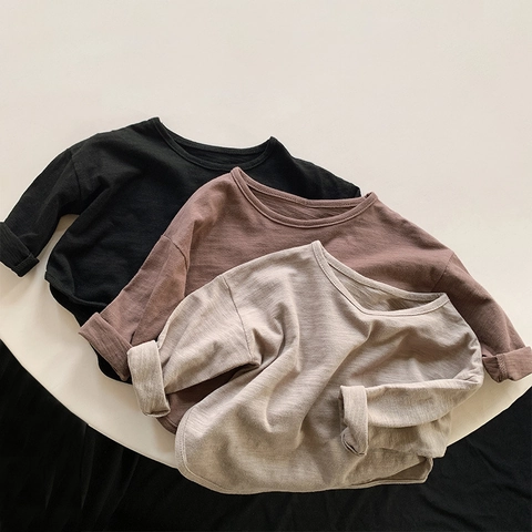 Kinder T-Shirt Met Lange Mouwen Van Slub Katoen Basic Effen Kleur Ronde Hals Zachte Slub Textuur Top Voor Jongens En Meisjes