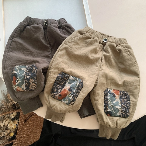 Pantaloni Invernali in Cotone Foderati in Pile per Bambini Stile Coreano Spessi e Caldi Tasca con Patch Floreale