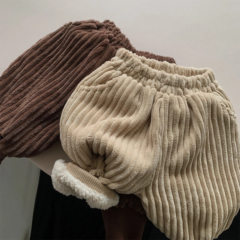 Pantalones Harem de Pana con Forro de Felpa para Niños Invierno Color Sólido Cintura Elástica Pantalones Casuales