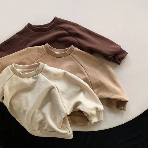 Kids Fleece Lined Sweatshirt Raglan Sleeve Round Neck Pullover Warm Cotton Top For Boys Girls Spring Autumn Solid Color Casual Korean Style