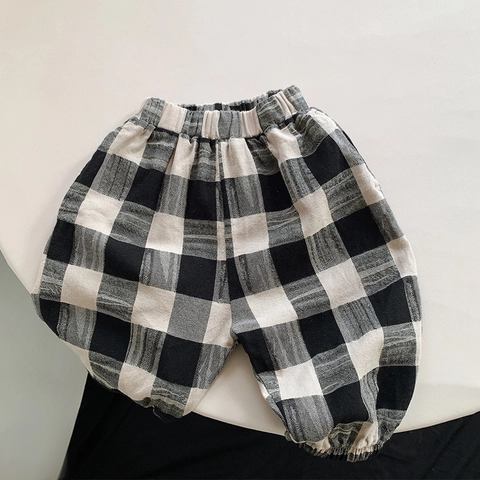 Kids Cotton Plaid Pants Elastic Waist Casual Trousers For Boys Girls Toddler Soft Breathable Harem Pants Spring Autumn