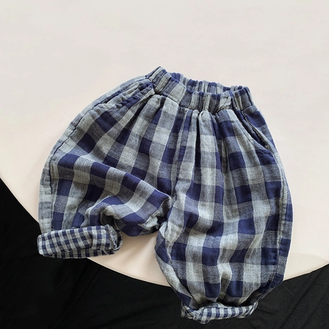 Kids Double Layer Cotton Plaid Pants Retro Blue Gingham Harem Pants For Boys Girls Toddler Casual Loose Comfy Trousers