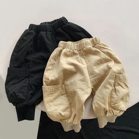 Kids Cargo Pants Spring Autumn Double Layer Cotton Casual Trousers For Boys Girls Korean Style Versatile Solid Color Joggers