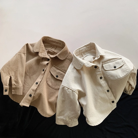 Chemise Manches Longues 100% Coton Enfants Style Coréen Rétro Revers Décontracté Haut à Boutons pour Garçons Filles Vêtements