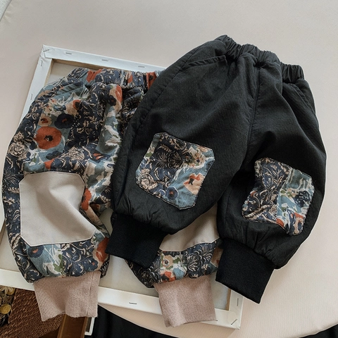 Pantaloni Invernali in Cotone Foderati in Pile per Bambini Stile Coreano Spessi e Caldi Tasca con Patch Floreale