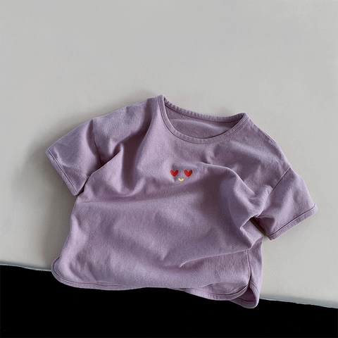 Maglietta a Maniche Corte in Cotone Estiva per Bambini Viola Ampia con Ricamo a Faccina Sorridente per Ragazzi e Ragazze Stile Coreano Casual