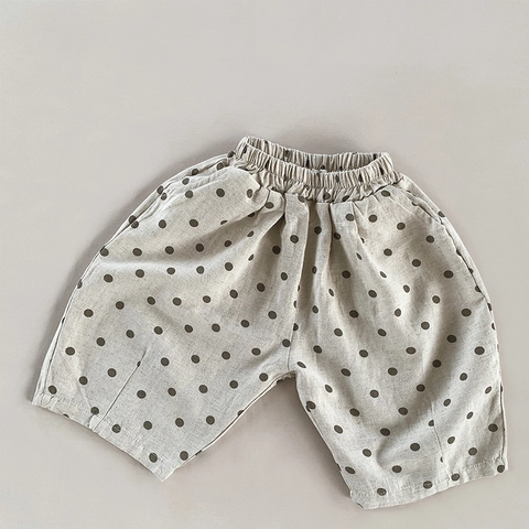 Kids Casual Polka Dot Cotton Linen Shorts Summer Unisex Loose Wide Leg Mid-Calf Pants Comfortable Breathable Bottoms