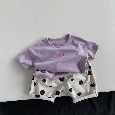 Maglietta a Maniche Corte in Cotone Estiva per Bambini Viola Ampia con Ricamo a Faccina Sorridente per Ragazzi e Ragazze Stile Coreano Casual