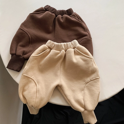 Pantalon de Jogging Enfant Style Coréen Doublé Polaire Coton Pantalon Hiver Chaud Ample Garçons Filles Casual Couleur Unie