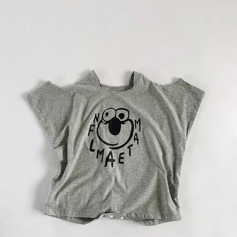 Barboteuse pour Bébé Fille à Manches Courtes Style Coréen avec Imprimé Monstre de Dessin Animé Combinaison d'Été en Coton Modal Gris