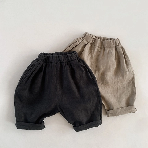 Shorts en Pur Lin pour Enfants Style Coréen Pantalons Décontractés Respirants Amples pour Garçons Filles Couleur Unie Taille Élastique