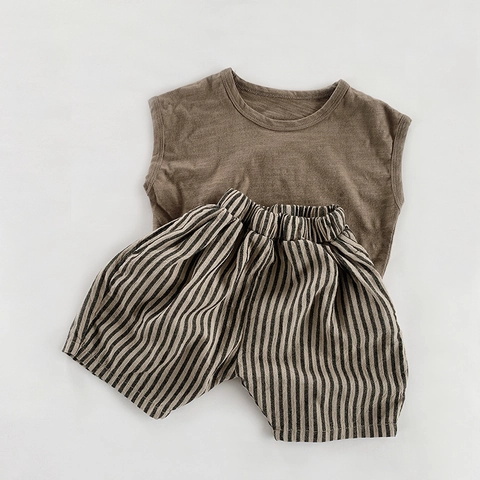 Kids Cotton Vertical Striped Shorts Summer Casual Loose Mid Length Harem Pants For Boys Girls Japanese Minimalist Clothes