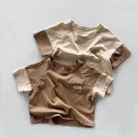 Kinderen Katoen Patchwork T-Shirt Zomer Korte Mouw Raglan Top Met Letter Patch Voor Jongens Meisjes Koreaanse Casual Stijl